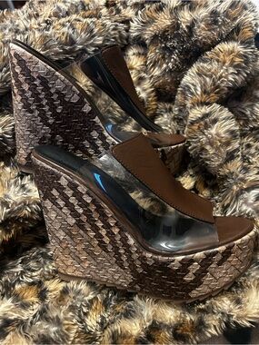 Women's Brown Wedge Sandals with Clear Strap